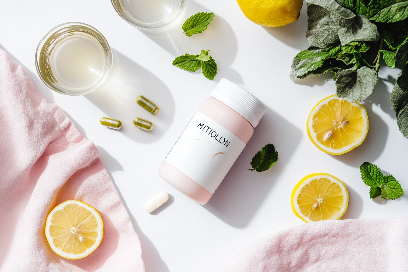 Flat lay of wellness products and natural ingredients visually exploring the question: does Mitolyn work for energy and fat loss