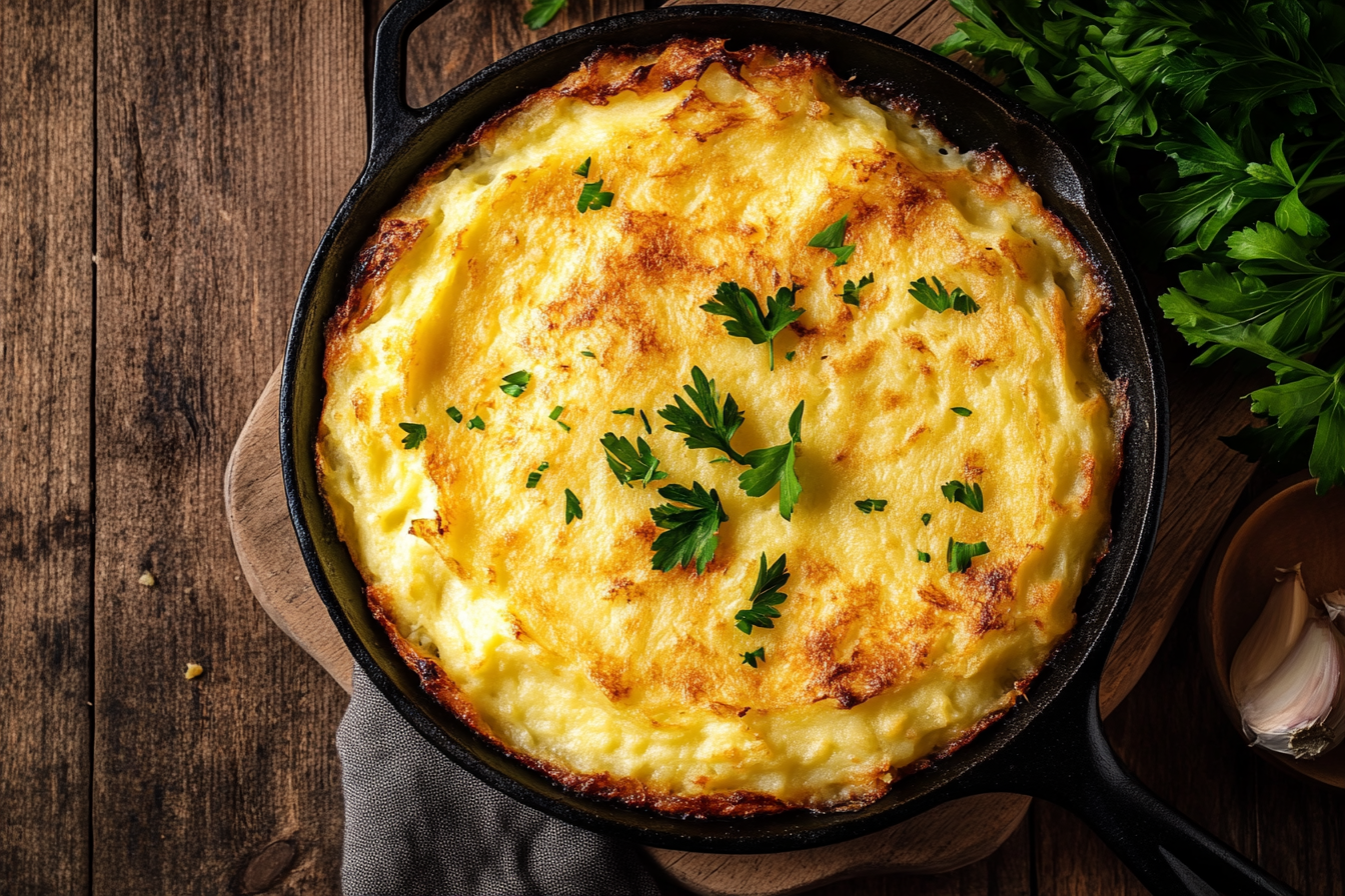 Shepherd’s pie gluten free recipe in cast iron dish