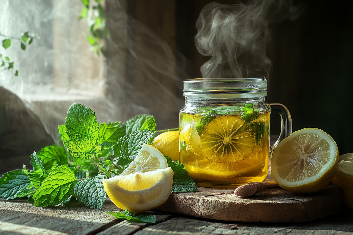 Recipes using lemon balm on a rustic kitchen table