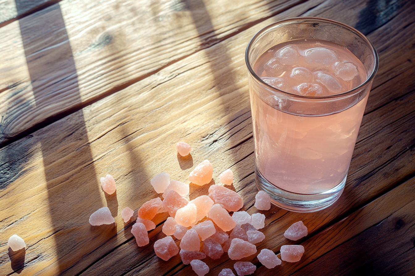 pink salt trick for men with glass and salt crystals