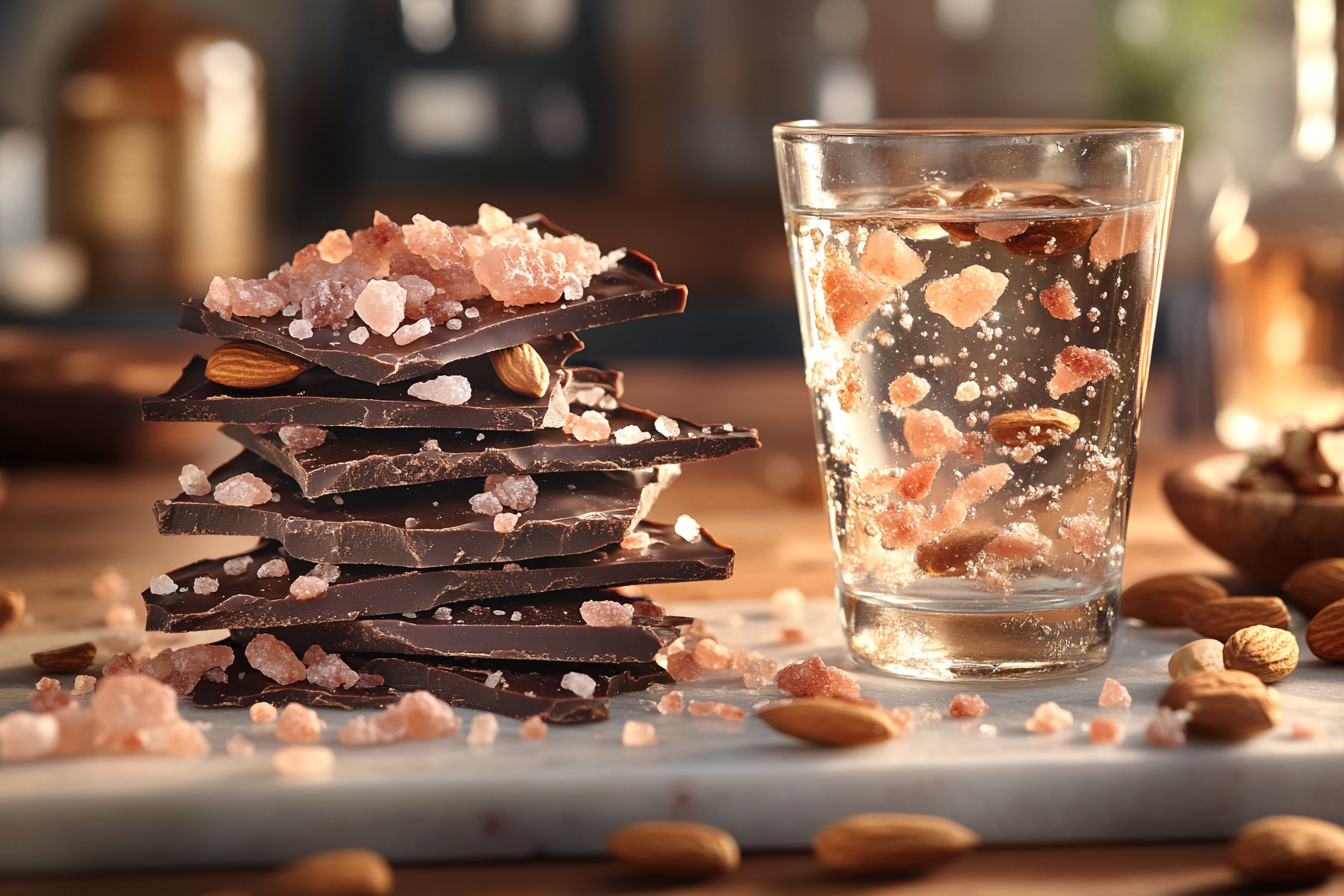 Glass of pink salt water and chocolate pink salt bark – the pink salt trick recipe