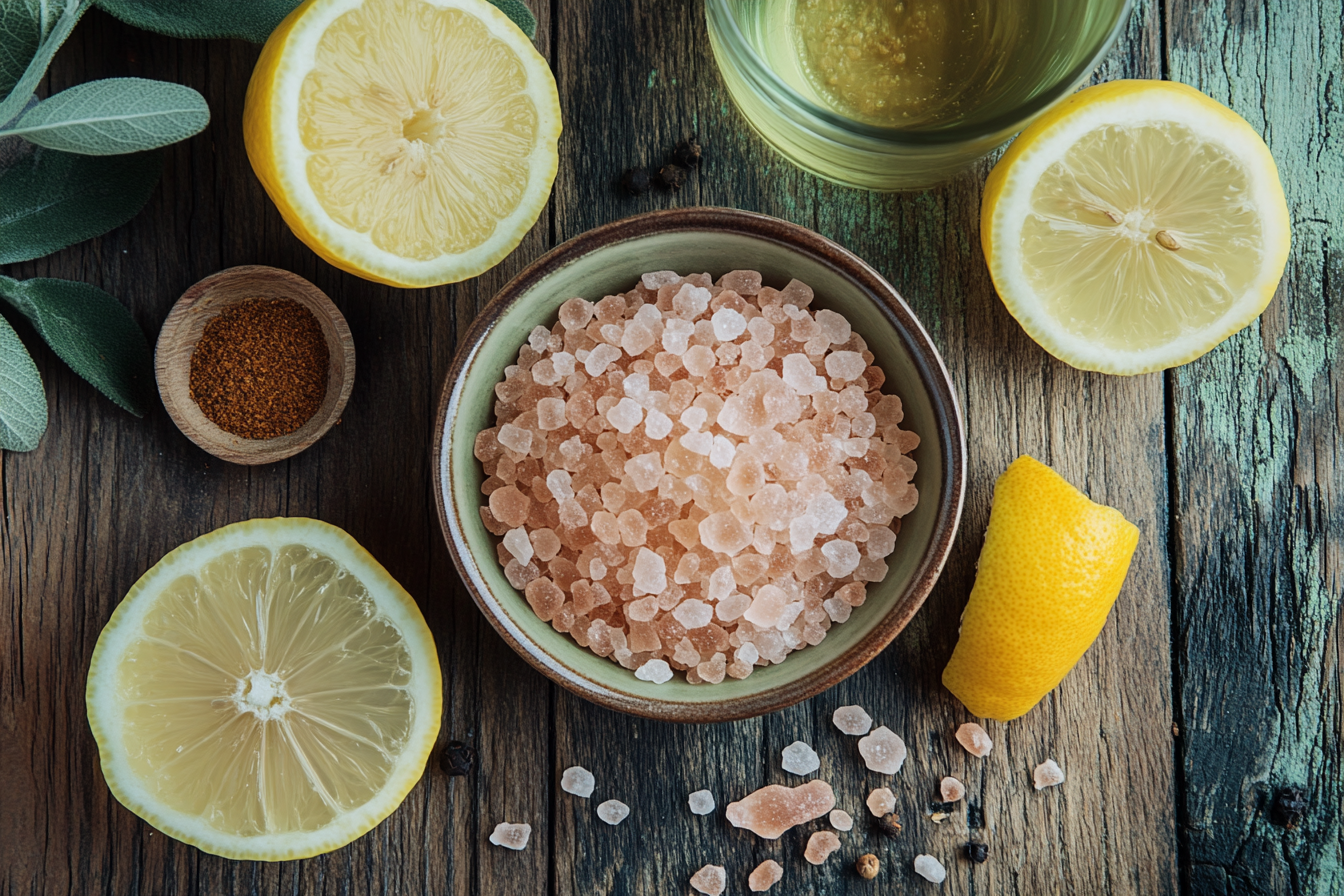 Flat lay of pink salt trick ingredients with lemon and cayenne