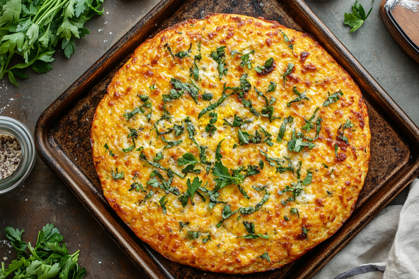 keto cottage cheese egg pizza crust on tray
