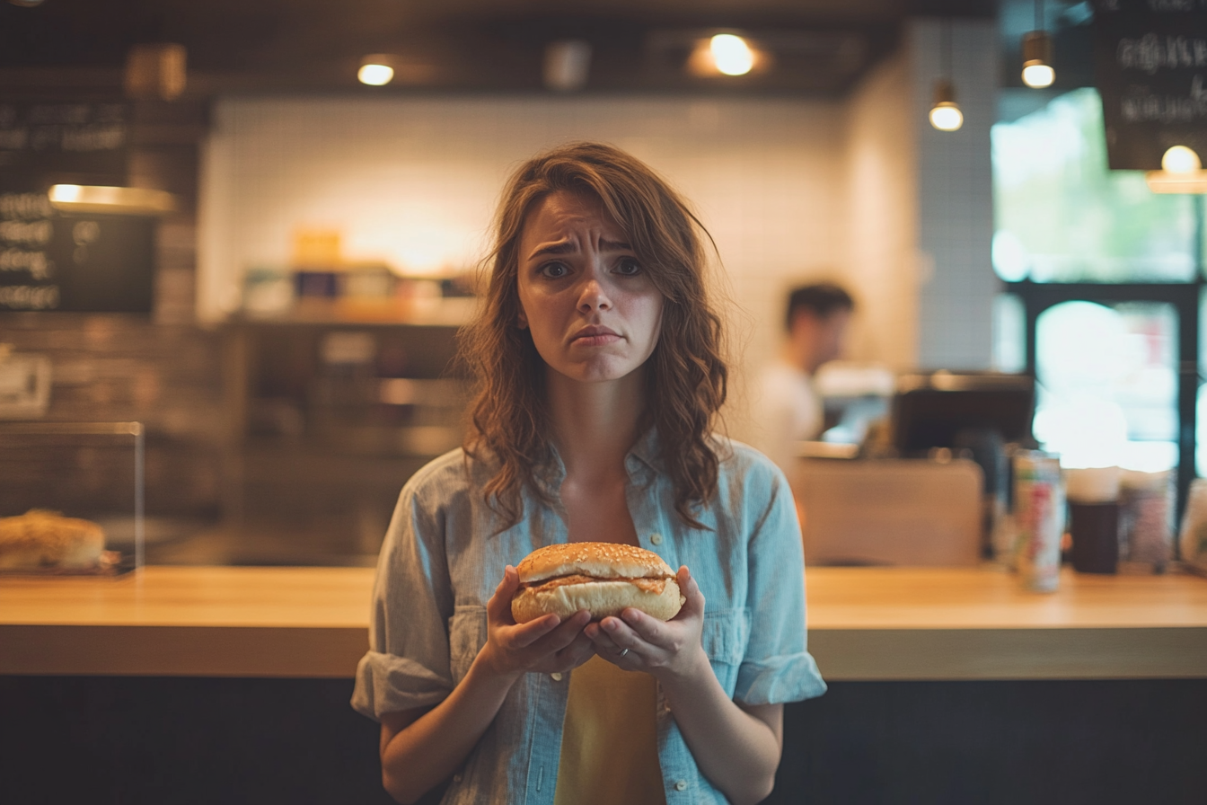 Disappointed customer holding a sandwich and asking does Potbelly have gluten free bread inside a Potbelly shop