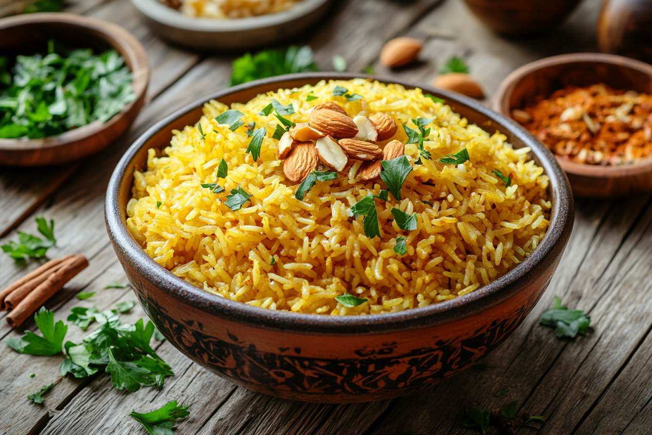 is rice pilaf gluten free? – traditional bowl with herbs and almonds