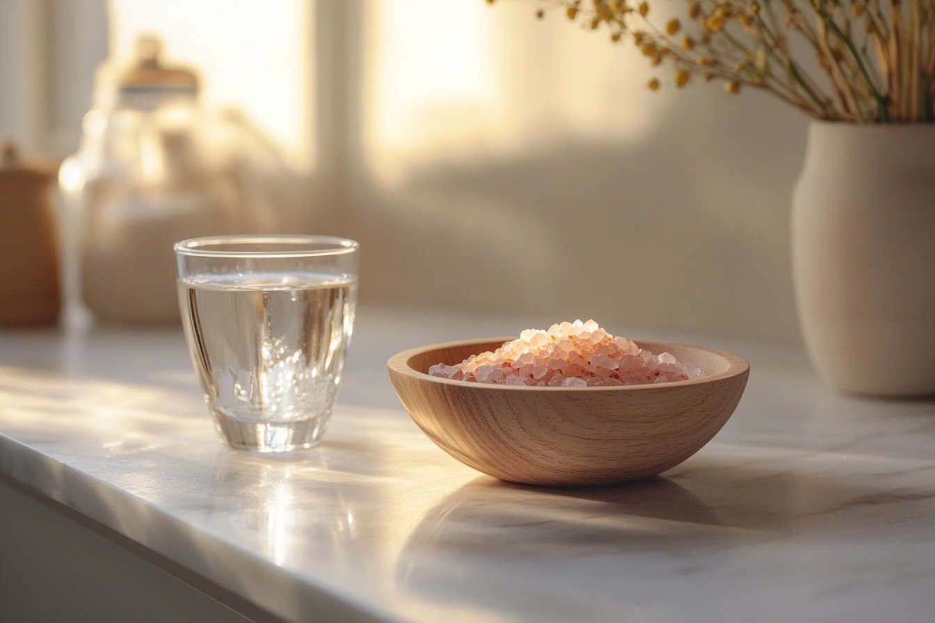 Glass of water with Himalayan pink salt on a kitchen counter