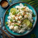 Coconut Rice in Rice Cooker – A Flavorful, Easy Recipe You’ll Love 6 Serving coconut rice in rice cooker with garnish