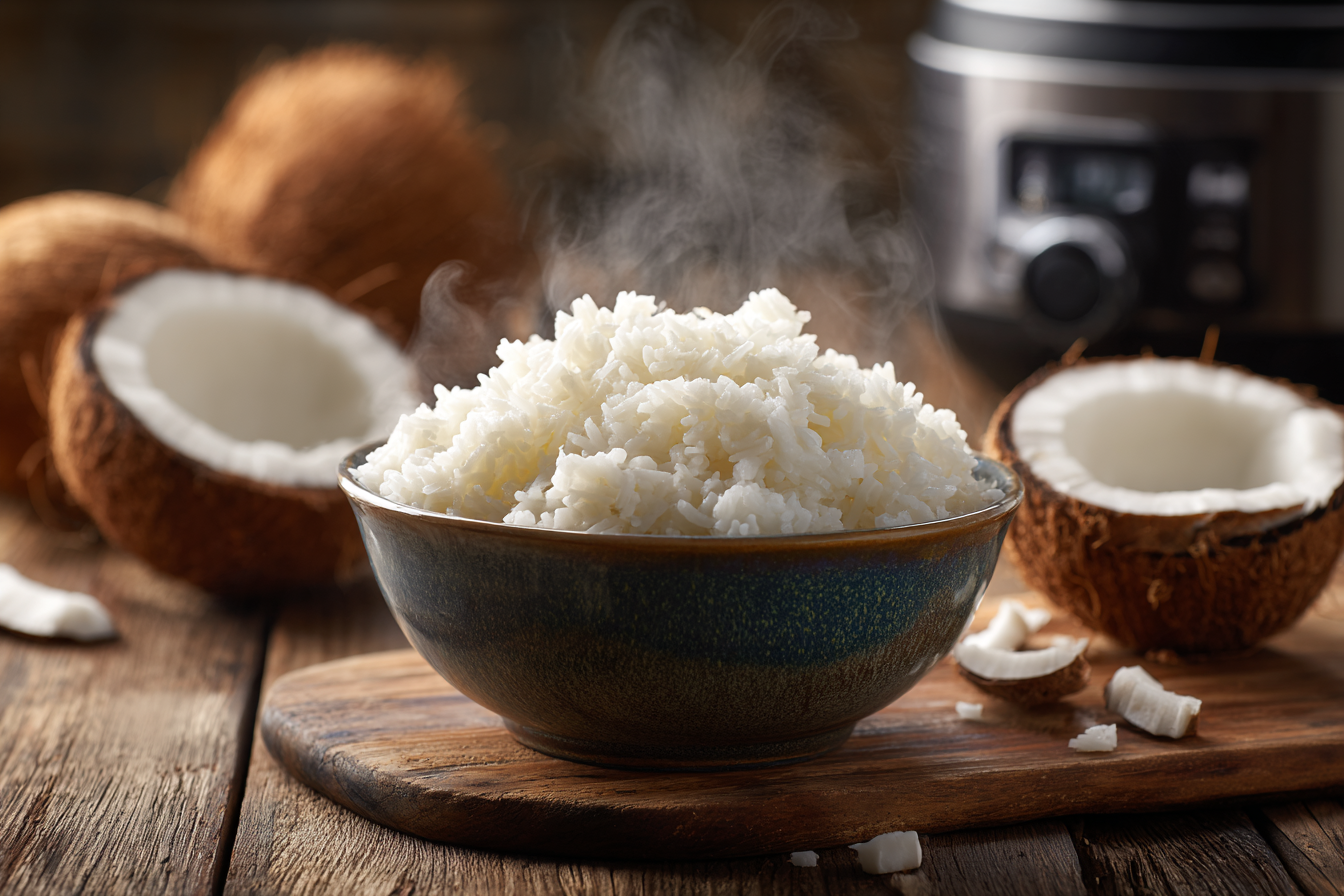 Coconut rice in rice cooker served fresh in a bowl