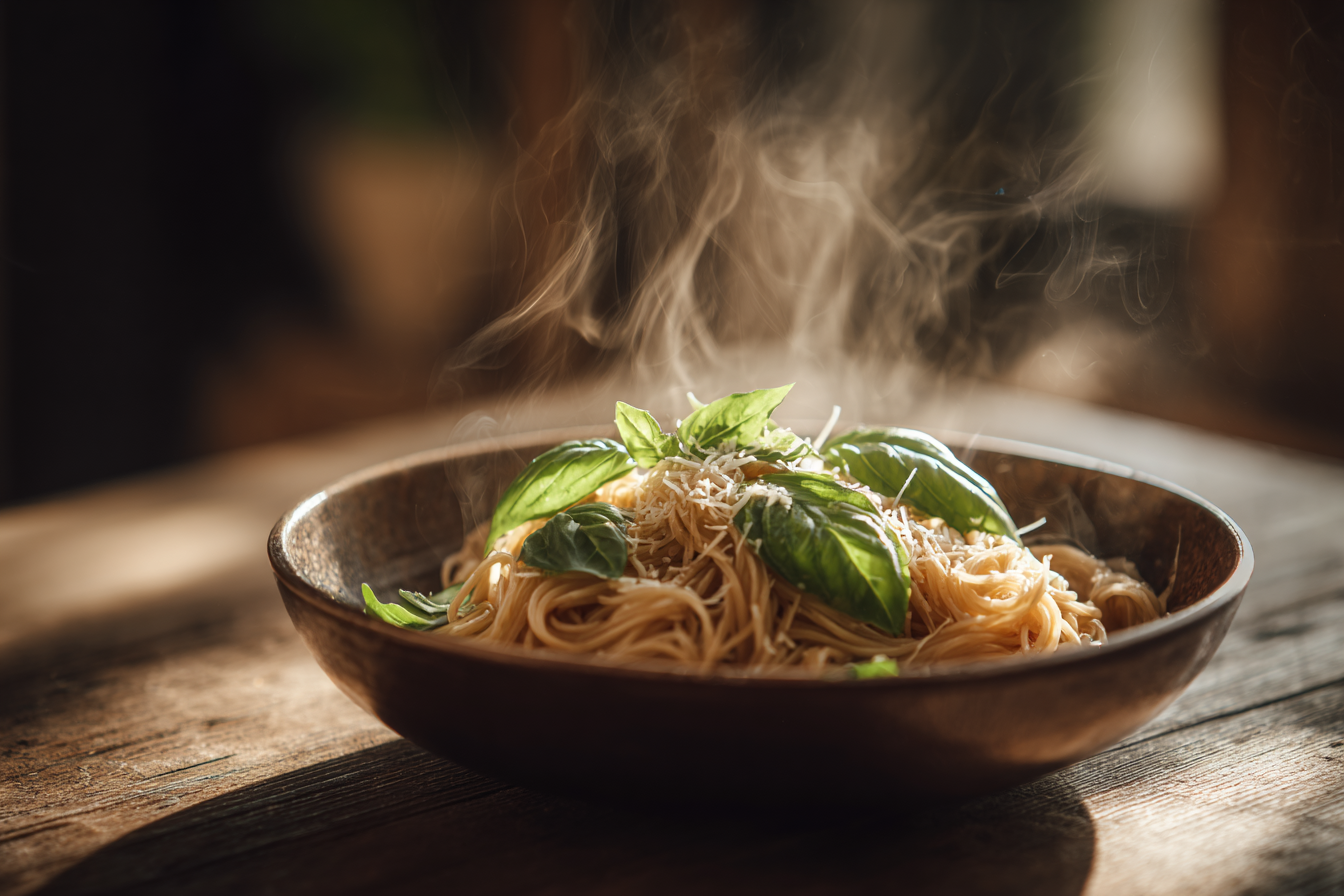 Gluten free noodles served in a rustic kitchen bowl