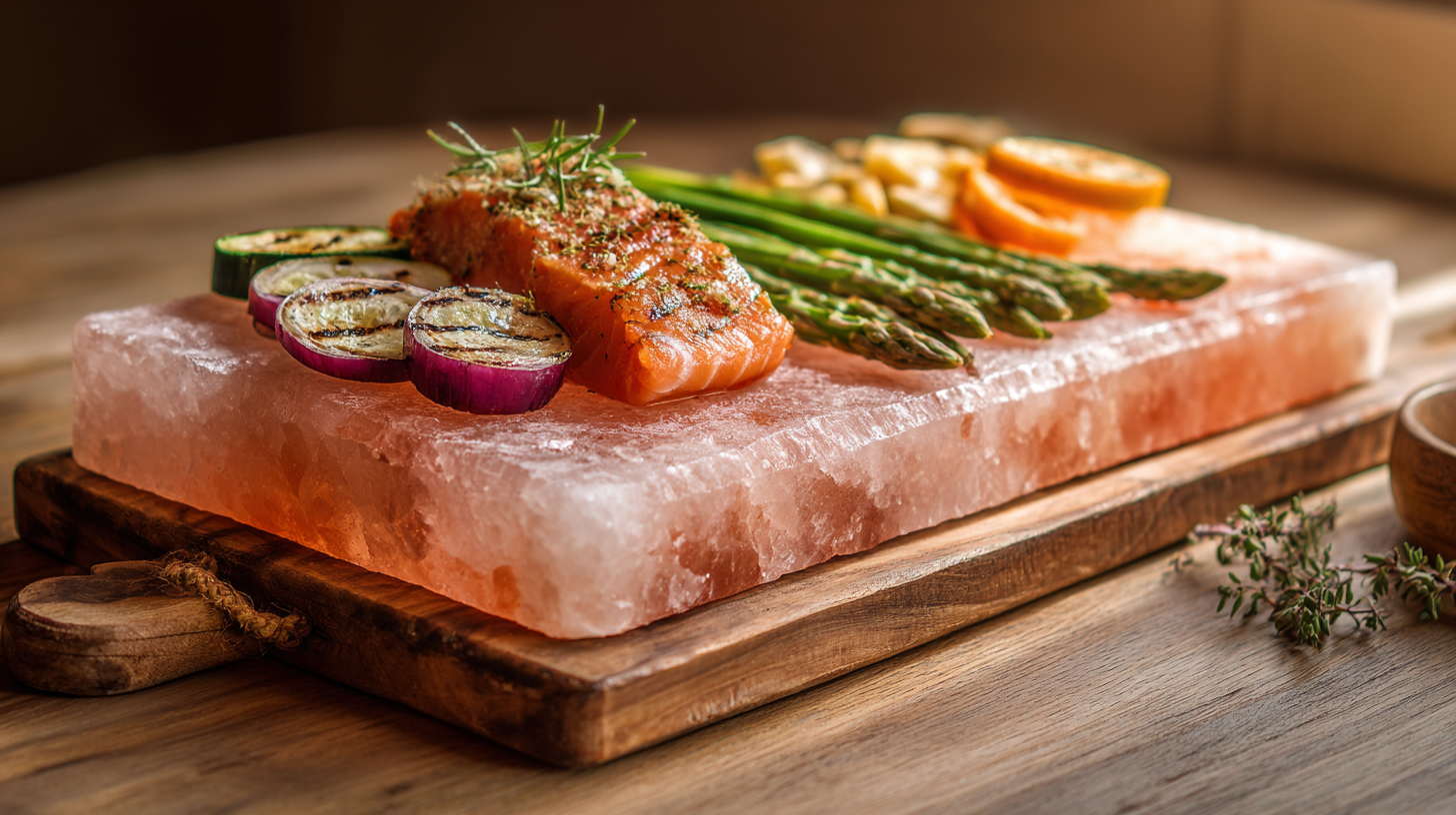 Pink salt slab with grilled vegetables and salmon