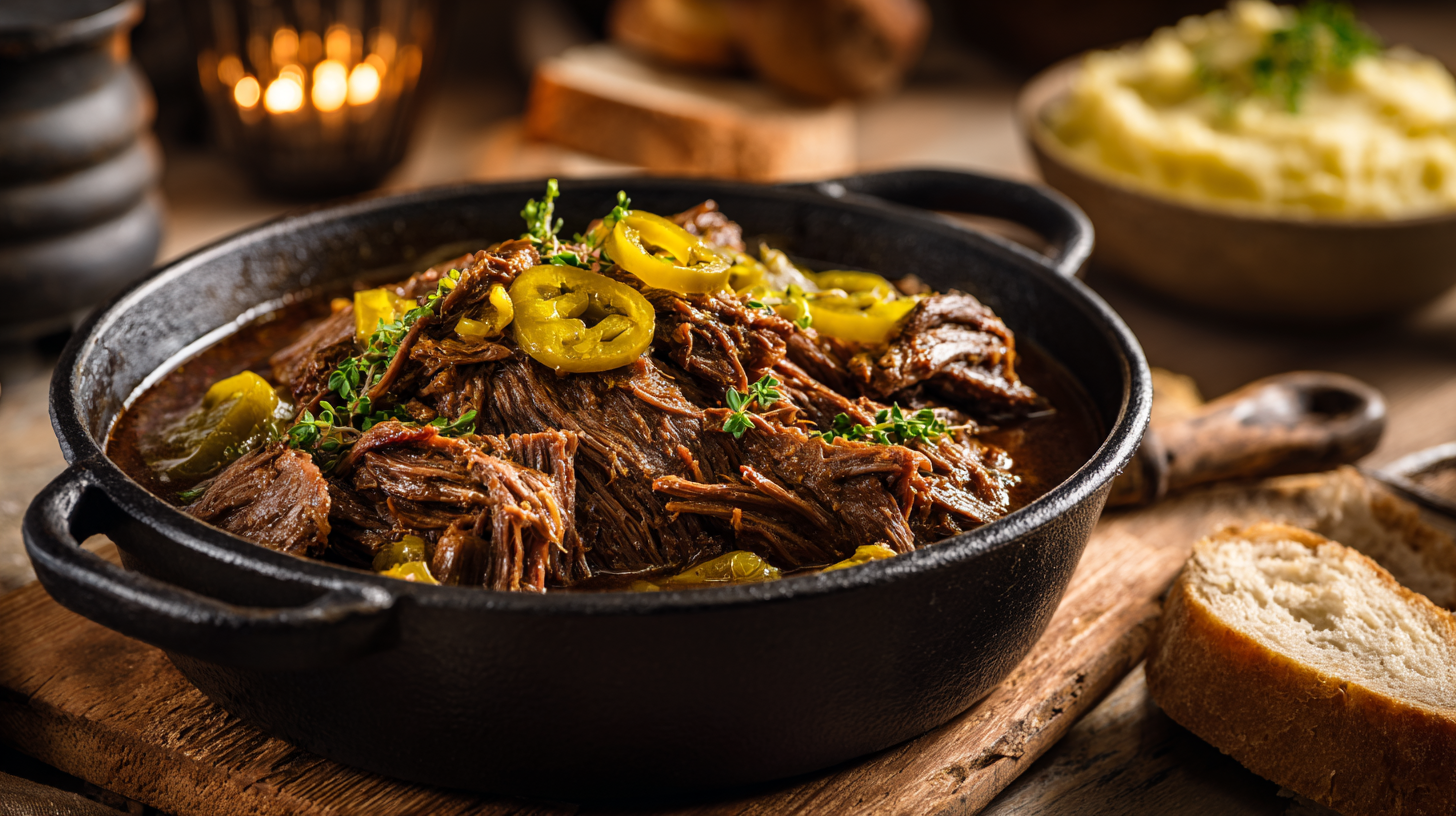 Gluten free Mississippi pot roast in a rustic pot with gravy and peppers