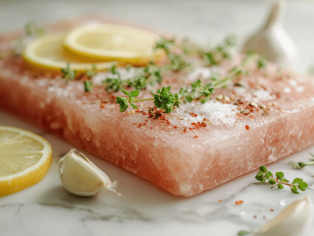 Pink Salt Slab: A Complete Guide to Cooking, Serving & Health Benefits 7 Himalayan pink salt slab with cooking ingredients