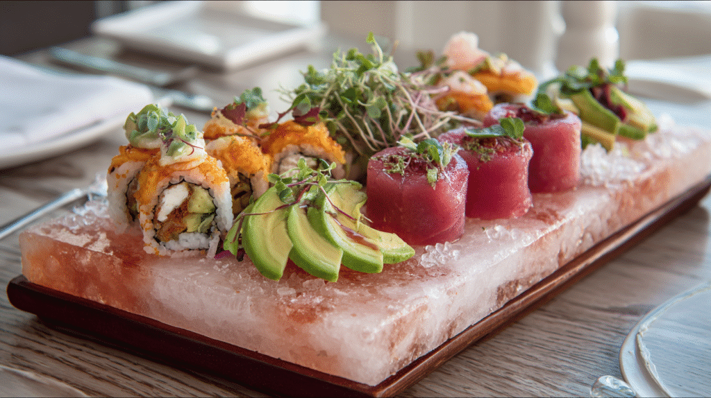Pink Salt Slab: A Complete Guide to Cooking, Serving & Health Benefits 9 Sushi served on a Himalayan pink salt slab