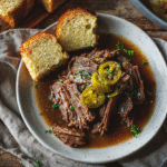Gluten Free Mississippi Pot Roast: A Hearty Dish Everyone Can Enjoy 7 Plated gluten free Mississippi pot roast with bread and gravy