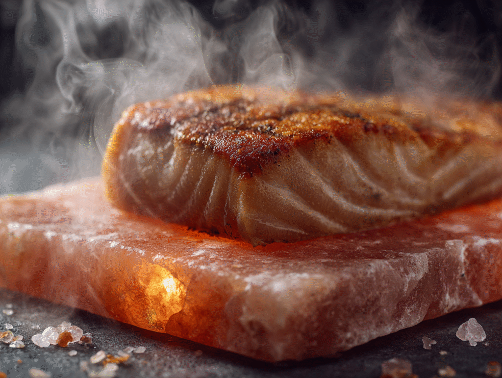 Pink Salt Slab: A Complete Guide to Cooking, Serving & Health Benefits 8 Fish fillet cooking on pink salt slab